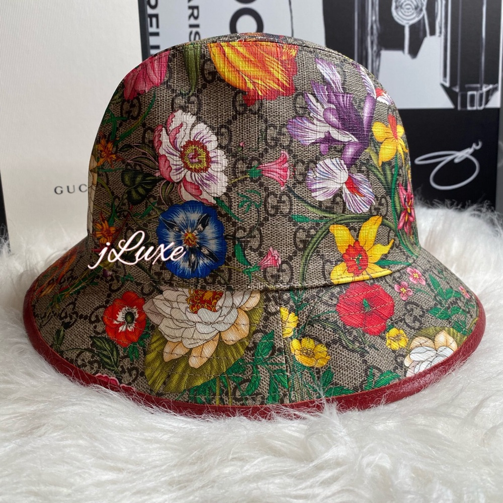 GUCCI Claudia Flora Print GG Supreme Bucket Hat - Picture 2 of 11